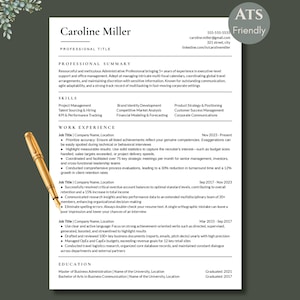 May include: A professional resume template for Caroline Miller featuring sections for professional summary, skills, work experience, and education. A gold-colored pen is positioned diagonally across the left side of the white document.
