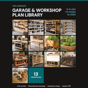 Peut inclure: Une collection numérique intitulée The Complete Garage & Workshop Plan Library, comprenant 13 plans, 173 pages et 32 tailles. L'image présente une grille de 13 photographies montrant divers projets en bois, dont des étagères, des établis et du mobilier.