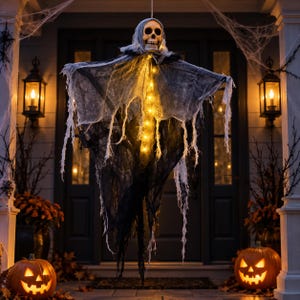 Può includere: Una decorazione di Halloween sospesa con un teschio, un cappuccio grigio e un sudario di tessuto nero e bianco strappato. Una fila verticale di luci LED giallo caldo illumina l'interno della figura spettrale.