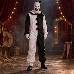 Peut inclure: Un costume de clown noir et blanc composé d'une combinaison à manches longues avec un design bicolore, un col à volants et trois gros pompons noirs sur le devant. La tenue comprend une coiffe blanche avec un petit chapeau haut-de-forme noir.