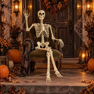 Könnte beinhalten: Ein lebensgroßes, cremeweißes Kunststoffmodell eines menschlichen Skeletts, das in einem dunkelgrünen Polstersessel sitzt. Das Skelett hat einen Arm zum Winken erhoben und die Beine übereinandergeschlagen, mit detaillierten Knochenstrukturen.