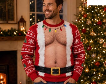 Grappige, lelijke kersttrui, kersttrui met behaarde borst van de kerstman, unisex kersttrui, kerstfeestoutfit, grappig kerstcadeau voor mannen