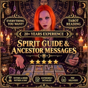 May include: A digital advertisement for a tarot reading service featuring a person with bright orange hair behind a table with tarot cards, candles, and crystals. Text includes "20+ YEARS EXPERIENCE," "SPIRIT GUIDE & ANCESTOR MESSAGES," and "PDF DELIVERY."