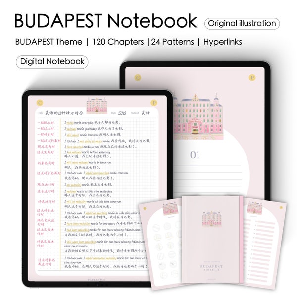 Cuaderno digital Budapest, plantilla Goodnotes, cuaderno de 120 capítulos, cuaderno de notabilidad iPad, cuaderno Cornell, cuaderno de cuadrícula de líneas, tableta
