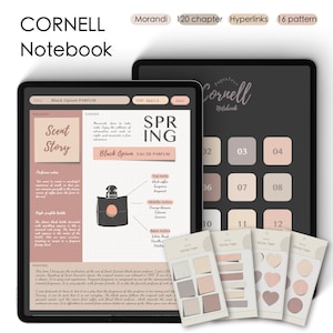May include: A digital planner page with a Cornell Note-taking system layout. The page is titled "Black Opium Parfum" and features a scent story, perfume notes, and a summary of the fragrance. The page is decorated with a pink and brown color scheme and includes a drawing of a perfume bottle. The page also includes a sticky note with the text "Spring" and a sticky note with the text "Black Opium Eau de Parfum".
