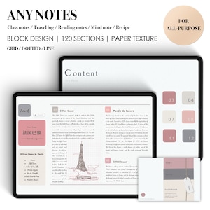 Op de afbeelding: Een digitale planner sjabloon met een roze en grijs kleurenschema. De sjabloon heeft een rasterindeling met 120 secties, perfect voor het organiseren van notities, reisdagboeken, leesnotities, gedachtes en recepten. De sjabloon bevat ook een sectie voor inhoud, met de tekst "Dry Rose" geschreven in een cursief lettertype.