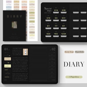 Puede incluir: Un conjunto de diario y planificador digital con una cubierta negra y un diseño minimalista. Incluye una tableta que muestra un calendario y un cuaderno con la palabra "DIARY". El conjunto presenta colores neutros y una estética limpia y moderna.