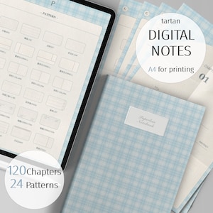 May include: A digital notebook with a blue and white tartan pattern. The notebook has the text "tartan DIGITAL NOTES A4 for printing" and "Paperless Notebook". The notebook is designed for 120 chapters and 24 patterns.