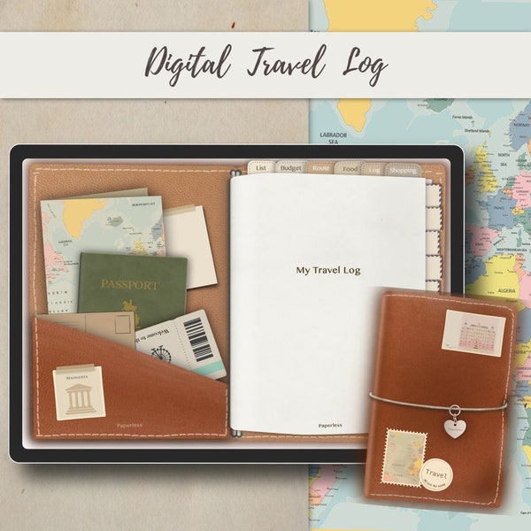 Registro de viajes digital, Diario de viajes digital, Notas de viaje de Goodnotes, Planificador de viajes para iPad, Registro de viajes de Notability, Diario de viajes vintage