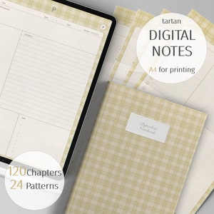 Puede incluir: Un cuaderno digital con un patrón de tartán en beige y blanco. El cuaderno está etiquetado como "Cuaderno sin papel" y tiene el texto "tartán DIGITAL NOTES A4 para imprimir" en la portada.