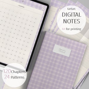 Może przedstawiać: Cyfrowy notes z purpurowo-białym wzorem w kratę. Notes jest oznaczony jako "Papierowy notes" i zawiera tekst "tartan DIGITAL NOTES A4 do druku" na okładce. Notes jest otwarty na stronie z ponumerowaną siatką.