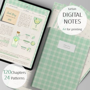 Pode incluir: Um caderno digital com um padrão de tartã verde. O caderno é etiquetado como "tartan DIGITAL NOTES A4 para impressão" e "Caderno sem papel". O caderno está aberto em uma página com um padrão de grade verde e branco. A página tem uma nota escrita à mão sobre um aroma chamado "Scent Story Wood Sage & Sea Salt 2014". A nota inclui um desenho de uma garrafa e um limão.
