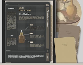 May include: A digital Cornell notebook with 120 chapters. The notebook is open to chapter 7, which is titled "Advanced Night Repair". The chapter discusses the benefits of a skin care product with a black and gold bottle. The notebook is on a gray background with a digital illustration of a still life with a vase and fruit.