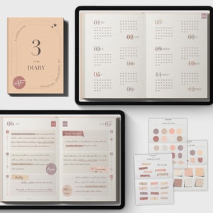 May include: A three-year diary with a soft beige cover, featuring the text "PAPERLESS 3 YEAR DIARY" and a stylized "P" logo. The image also shows open diary pages with calendar layouts and decorative stickers.