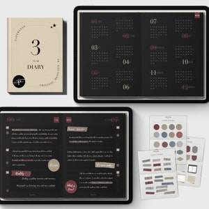 Black 3-Year Digital Diary: Undated Calendar, Stickers (Goodnotes/Notability/PNG)