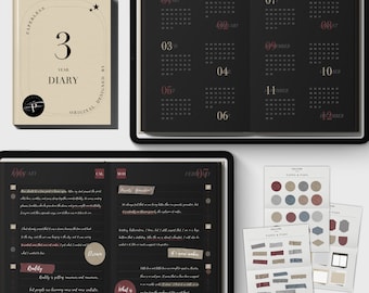 Diário Digital Preto de 3 Anos: Calendário sem data, adesivos (Goodnotes/Notability/PNG)