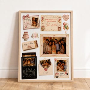 May include: A rectangular wooden frame containing a collage of birthday-themed graphics and photographs. The display features illustrations of cakes, balloons, and candles, alongside printed text including "Happy Birthday, My Love," "Make a Wish," and "For You," with multiple candid photos of a group of people celebrating.