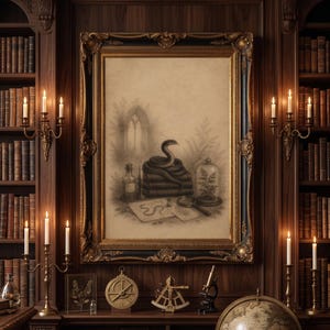Puede incluir: Un dibujo al carboncillo enmarcado que representa una serpiente enroscada sobre una pila de libros, una campana de cristal con una planta, una lupa y una botella. El marco dorado y negro está montado en una pared de madera oscura entre dos estanterías.