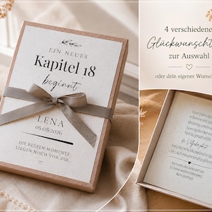 May include: A rectangular kraft paper gift box with a white lid featuring the text 'EIN NEUES Kapitel 18 beginnt', the name 'LENA', a date, and a grey ribbon. The open box reveals a card with German text and a heart icon, plus a selection menu.