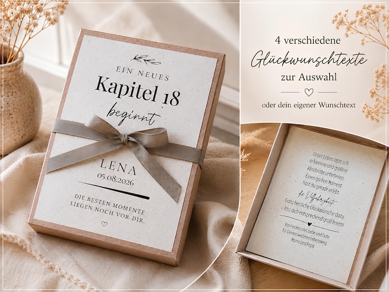 May include: A rectangular kraft paper gift box with a white lid featuring the text 'EIN NEUES Kapitel 18 beginnt', the name 'LENA', a date, and a grey ribbon. The open box reveals a card with German text and a heart icon, plus a selection menu.