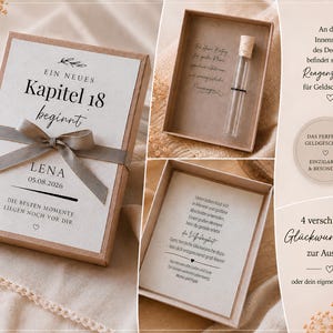 May include: A rectangular cardboard gift box with a grey ribbon, featuring the text "EIN NEUES Kapitel 18 beginnt LENA 05.08.2026 DIE BESTEN MOMENTE LIEGEN NOCH VOR DIR". The open box reveals a glass test tube with a cork stopper and a printed card inside.