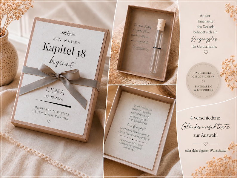 May include: A rectangular cardboard gift box with a grey ribbon, featuring the text "EIN NEUES Kapitel 18 beginnt LENA 05.08.2026 DIE BESTEN MOMENTE LIEGEN NOCH VOR DIR". The open box reveals a glass test tube with a cork stopper and a printed card inside.