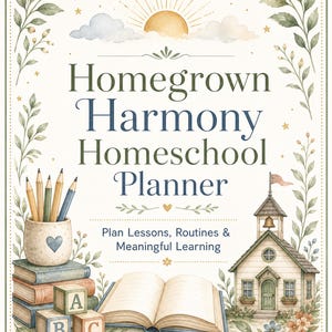 Puede incluir: Una portada de planificador titulada Homegrown Harmony Homeschool Planner con el subtítulo Plan Lessons, Routines & Meaningful Learning. El diseño incluye una escuela, libros, bloques de letras y un portalápices.