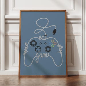 Wandbild „Eat Sleep Game Repeat“ für Videospieler, Poster mit Gaming-Controller, digitale Illustration, moderne Schrift, Raumdeko, sofortiger Download