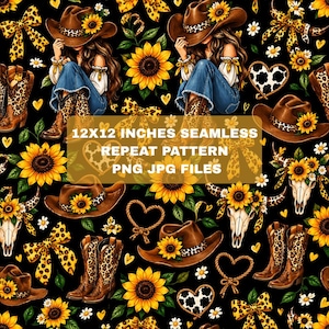 Może przedstawiać: Bezszwowy wzór na czarnym tle z ilustracjami kowbojek, słoneczników, kokard w panterkę, kowbojek, serc w łaty i czaszek krów. Tekst głosi: 12X12 INCHES SEAMLESS REPEAT PATTERN PNG JPG FILES.