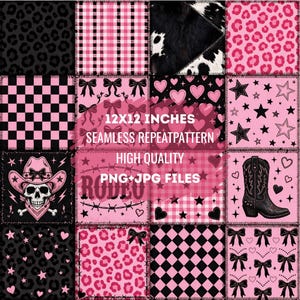 May include: A digital collage of sixteen square patterns featuring pink and black themes, including leopard prints, checkered squares, cowhide, hearts, stars, bows, a skull wearing a cowboy hat, and a boot. Text reads 12X12 INCHES SEAMLESS REPEATPATTERN.