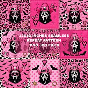May include: A seamless repeat pattern featuring a ghost-like figure in a pink cowboy hat with a skull, surrounded by hearts, bats, bows, and leopard print. The text 12X12 INCHES SEAMLESS REPEAT PATTERN PNG JPG FILES is centred over the design.