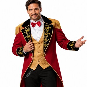 May include: A red tailcoat with black velvet lapels and cuffs featuring gold embroidery, gold fringe epaulets, a gold patterned waistcoat, a white button-down shirt, and a red bow tie. The ensemble is paired with black trousers and a gold chain.