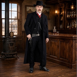 Puede incluir: Un abrigo largo negro sobre un chaleco negro, camisa blanca de cuello y pantalones negros. El conjunto incluye un sombrero negro de ala ancha, un pañuelo rojo, una cadena de reloj de bolsillo plateada, una funda de pistola y botas de cuero.
