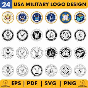 May include: A digital collection of 24 USA military logo designs arranged in a grid. The set includes circular emblems for the Army, Navy, Air Force, Space Force, Coast Guard, and Marine Corps, presented in full color, black, and white variations.