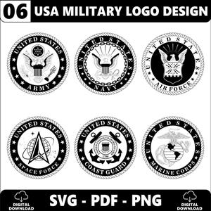 Op de afbeelding: Een verzameling van zes zwart-witte, ronde Amerikaanse militaire logo's voor de Army, Navy, Air Force, Space Force, Coast Guard en Marine Corps. De tekst 06 USA MILITARY LOGO DESIGN staat bovenaan, SVG, PDF, PNG staan onderaan.