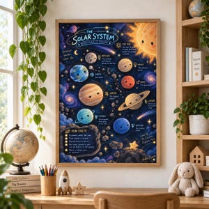 Puede incluir: Un póster educativo rectangular titulado The Solar System, Bright Place to Explore. Presenta un fondo espacial azul oscuro con planetas, el Sol y asteroides de estilo caricatura, cada uno etiquetado con textos descriptivos y datos curiosos.