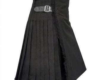 Svart kilt för män, handgjord skotsk höglandskläder, traditionell veckad ullblandning, läderspännen, justerbar midja
