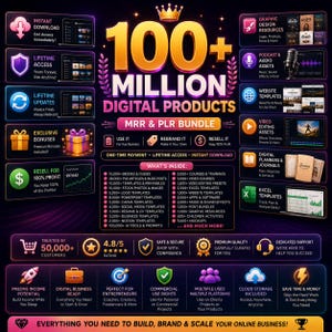 Peut inclure: Une publicité pour un lot de produits numériques avec le texte 100+ MILLION DIGITAL PRODUCTS MRR & PLR BUNDLE. Le graphique présente des listes d'actifs inclus comme des ebooks, des modèles et des cours, ainsi que des icônes de téléchargement.