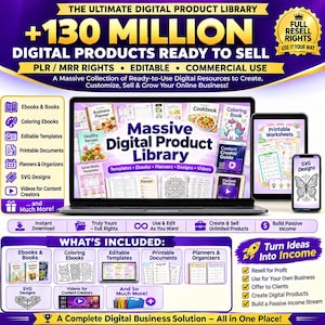 Puede incluir: Un anuncio de biblioteca de productos digitales con un portátil, una tableta y un smartphone mostrando plantillas, libros electrónicos y agendas. El texto incluye: The Ultimate Digital Product Library, 130 Million Digital Products.