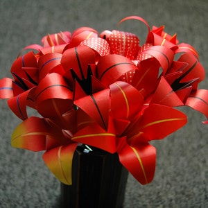 Origami Lily Flower On Stem - Asst Red Paper - Valentine&#39;s Day, Wedding Or Party Decoration.