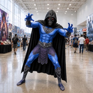 May include: A full-body costume featuring blue skin, a black hooded cape, and a skull mask with glowing red eyes. The outfit includes a dark purple loincloth with intricate metallic-looking details, matching arm bracers, and dark leg coverings.