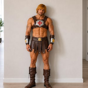 May include: A costume consisting of a brown leather-look chest harness with a silver shield plate featuring a red cross, a matching brown leather-look kilt with a central gold medallion, silver arm bracers with gold accents, and brown lace-up boots.