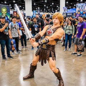 May include: A person dressed in a He-Man costume featuring a brown leather-like chest harness with a red cross emblem, matching bracers, a skirted belt, and tall brown boots. The person holds a large silver sword with a detailed hilt.