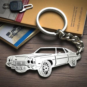 May include: A silver-toned metal keyring featuring a detailed cutout silhouette of a classic muscle car. The car design includes visible headlights, a grille, and custom wheels. A number plate on the front bumper displays the text IRON-72.