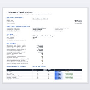 Organizador de asuntos personales en Excel y Google Sheets para cuentas, documentos, legado digital y últimas voluntades