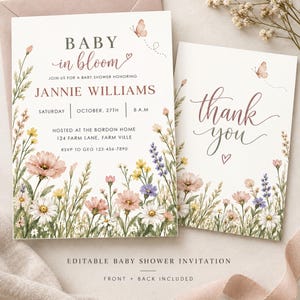 Può includere: Un set di invito per baby shower e biglietto di ringraziamento con illustrazioni ad acquerello di fiori di campo rosa, gialli e blu. Il testo dell'invito riporta BABY in bloom, JANNIE WILLIAMS, OCTOBER 27TH, 8 A.M, con indirizzo e dettagli RSVP.