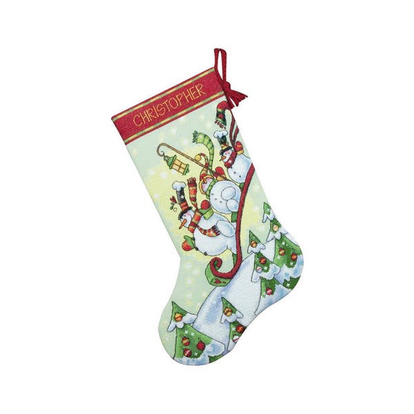 Sledding Snowmen Counted Cross Stitch Christmas Stocking Kit