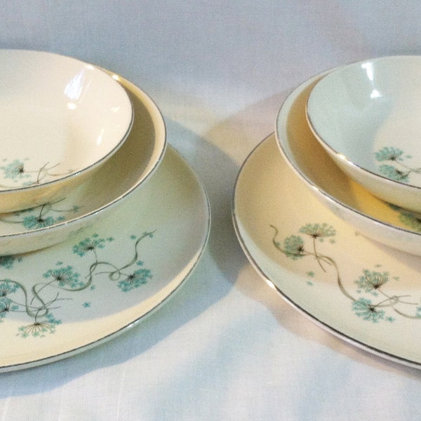 Vintage Taylor Smith & Taylor 'Blue Lace' aquamarine dandelion bloom plate and bowl set 1950s
