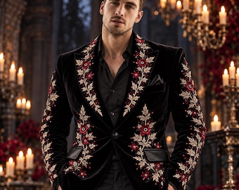 Blazer masculino preto de veludo bordado, estilo gótico para casamentos e Halloween.