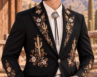 Men's Cowboy Suit, Black Western Embroidered Blazer